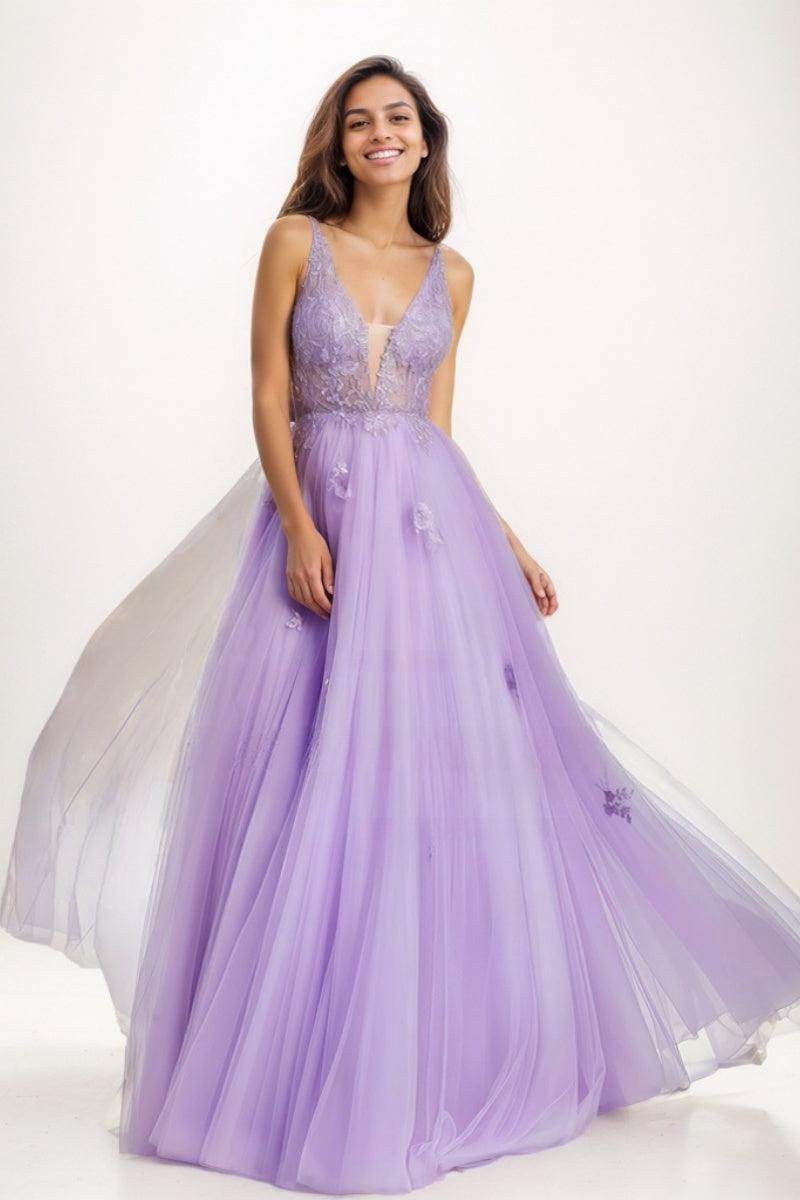 V-Neck A-Line Floor-Length Lace/Tulle Prom Dresses CS0725 - COCOMELODY